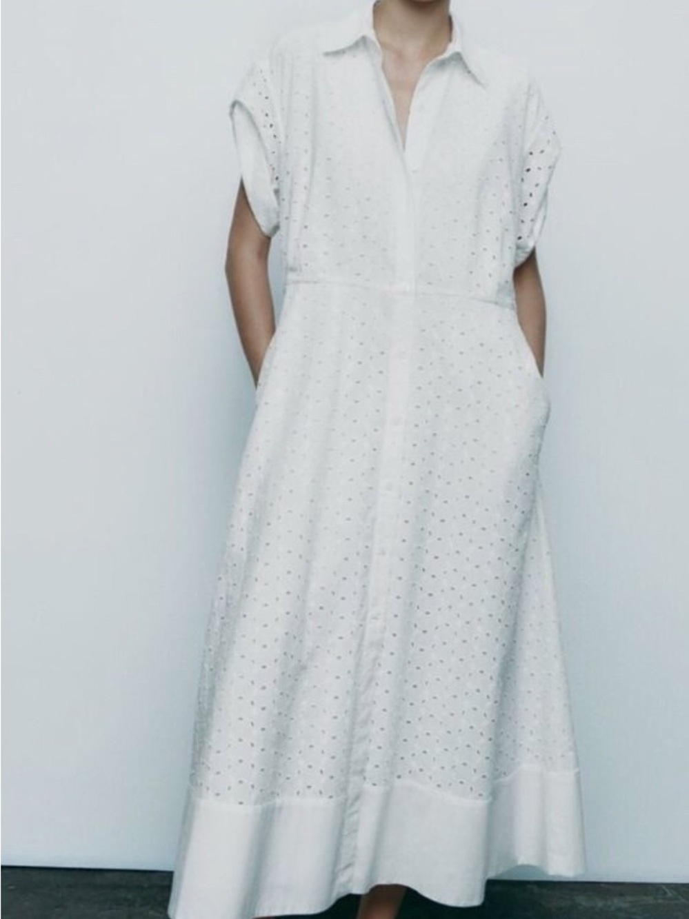 Zara White Eyelet Maxi Shirt Dress
